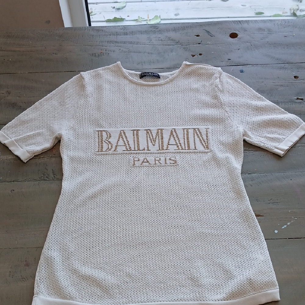 Balmain Cream Textured Logo Tee